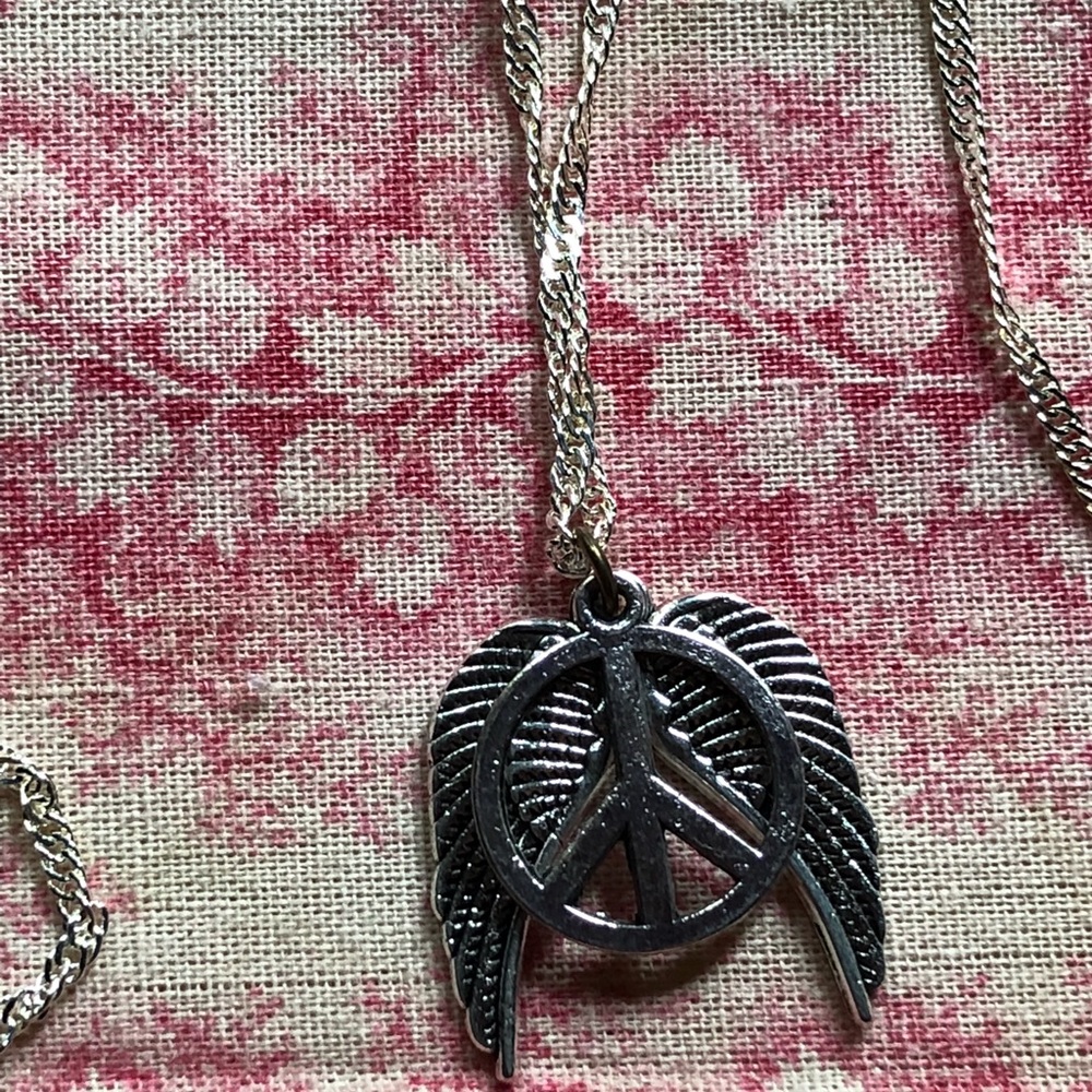 Real silver Peace sign and wings necklace